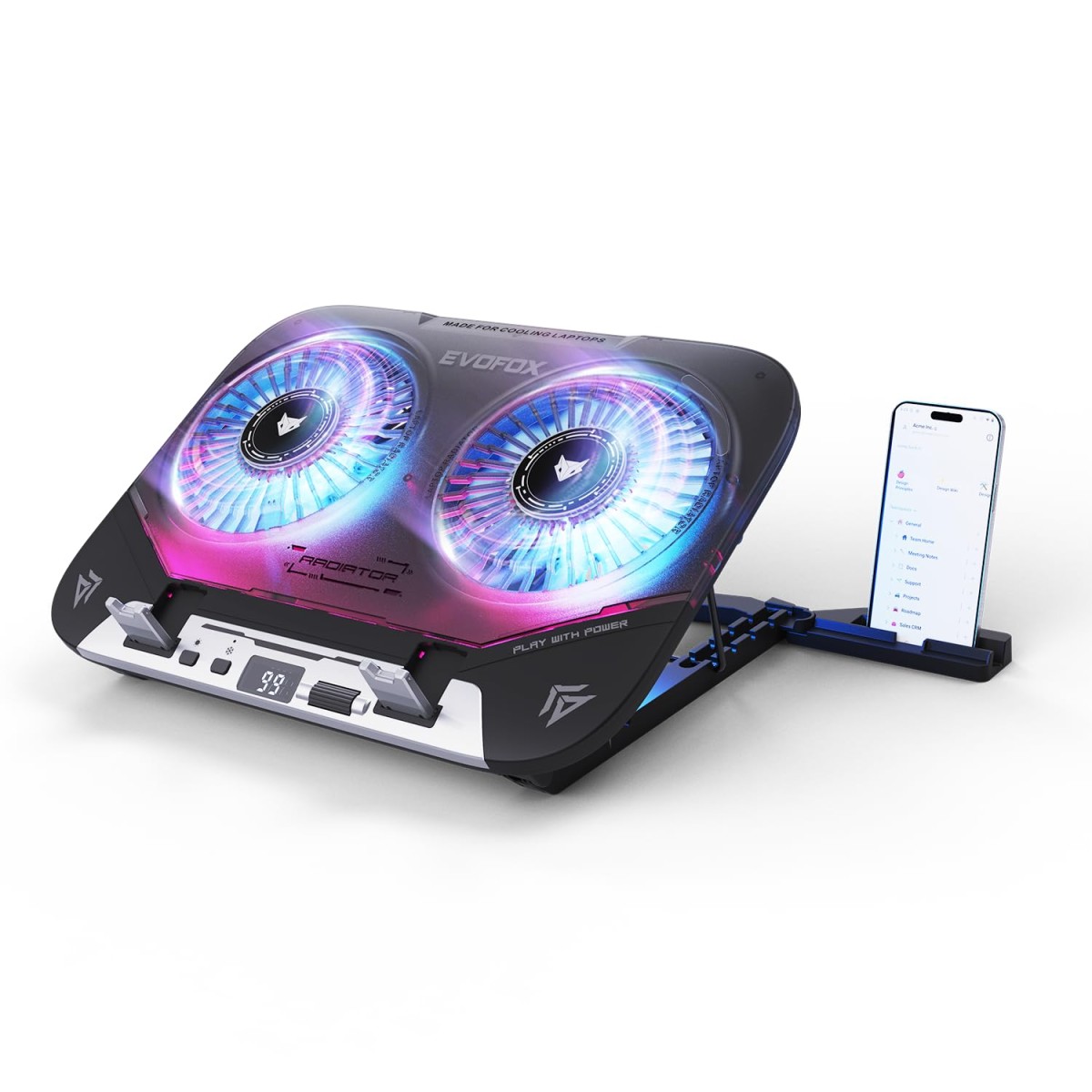 EvoFox Blizzard 2 Xtreme Laptop Cooling Pad | Dual Semiconductor Plates, 2x140 mm Fans, RGB Lighting, Digital Display & Roller Control, 5-Level Stand, USB Extender & Phone Holder, Upto 15” Laptops