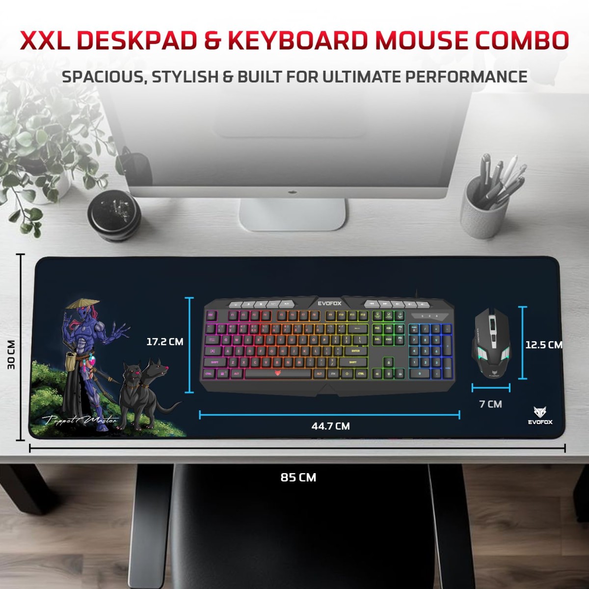 EvoFox Deathray v2 3 in 1 Gaming Keyboard & Mouse Combo with Puppet Master Deskpad | 6 Zone RGB Backlighting, 19 Anti Ghosting Keys, Membrane Keys, Ergonomic, Full-Size | 6 Buttons, 7 Color LED Lighting, Upto 3600DP | Extended Deskpad (Wired) EvoFox Deathray v2 3 in 1 Gaming Keyboard & Mouse Combo with Puppet Master Deskpad | 6 Zone RGB Backlighting, 19 Anti Ghosting Keys, Membrane Keys, Ergonomic, Full-Size | 6 Buttons, 7 Color LED Lighting, Upto 3600DP | Extended Deskpad (Wired)