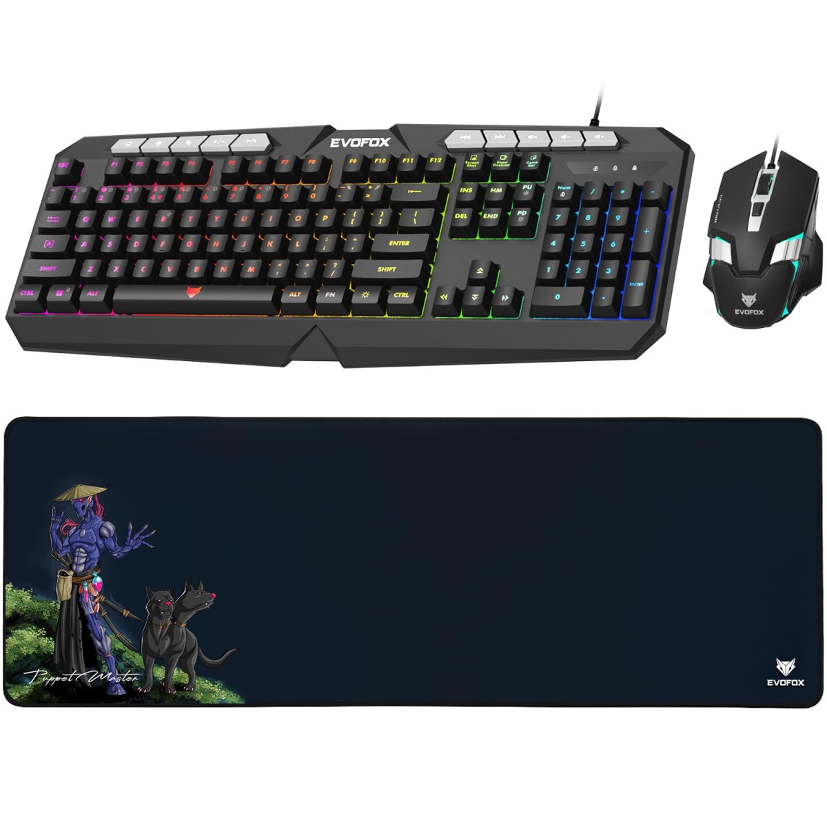 EvoFox Deathray v2 3 in 1 Gaming Keyboard & Mouse Combo with Puppet Master Deskpad | 6 Zone RGB Backlighting, 19 Anti Ghosting Keys, Membrane Keys, Ergonomic, Full-Size | 6 Buttons, 7 Color LED Lighting, Upto 3600DP | Extended Deskpad (Wired) EvoFox Deathray v2 3 in 1 Gaming Keyboard & Mouse Combo with Puppet Master Deskpad | 6 Zone RGB Backlighting, 19 Anti Ghosting Keys, Membrane Keys, Ergonomic, Full-Size | 6 Buttons, 7 Color LED Lighting, Upto 3600DP | Extended Deskpad (Wired)