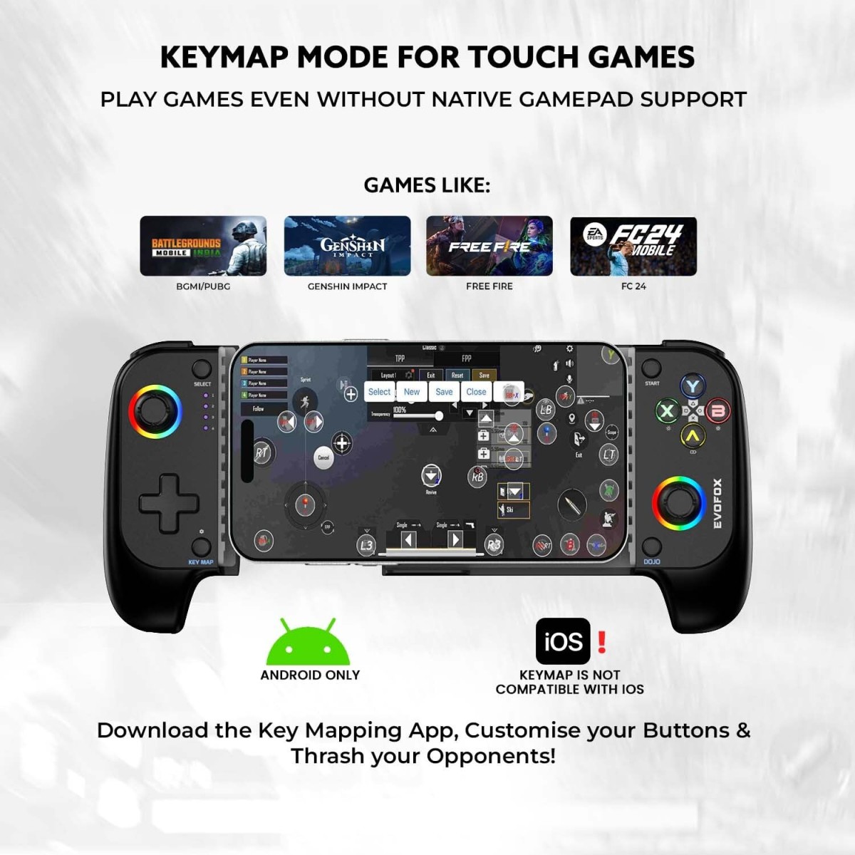 EvoFox Deck Smartphone Gamepad with iPhone/Android, XBOX, HID & Keymap mode for Android | Bluetooth v5.0 | Dual Vibration motors | Magnetic Hall 3D Joysticks | RGB Lighting and Backlit Controls