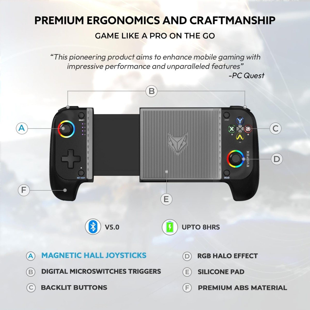 EvoFox Deck Smartphone Gamepad with iPhone/Android, XBOX, HID & Keymap mode for Android | Bluetooth v5.0 | Dual Vibration motors | Magnetic Hall 3D Joysticks | RGB Lighting and Backlit Controls