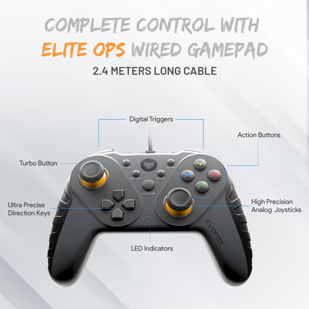EvoFox Elite Ops Wired Gaming Controller for PC, Android TV and PS3 with 2.4m Long Cable | Dual Vibration Rumble Motors | Zero Lag Connectivity with Plug and Play functionality |2.4m Long Cable, X-Input & D-Input | Black