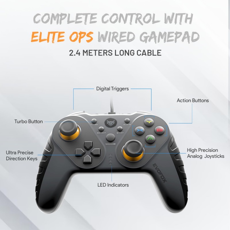 EvoFox Elite Ops Wired Gaming Controller for PC, Android TV and PS3 with 2.4m Long Cable | Dual Vibration Rumble Motors | Zero Lag Connectivity with Plug and Play functionality |2.4m Long Cable, X-Input & D-Input | Black EvoFox Elite Ops Wired Gaming Controller for PC, Android TV and PS3 with 2.4m Long Cable | Dual Vibration Rumble Motors | Zero Lag Connectivity with Plug and Play functionality |2.4m Long Cable, X-Input & D-Input | Black