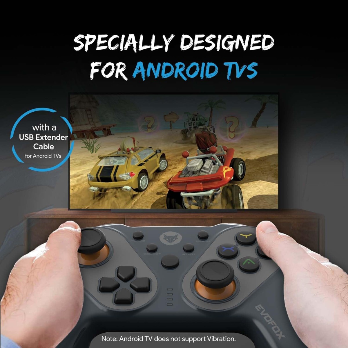 EvoFox Elite Ops Wireless Gamepad for Google/Android TV, 8+ Hrs Play, Zero Lag (12ft), USB Extender Included, Dusk Grey