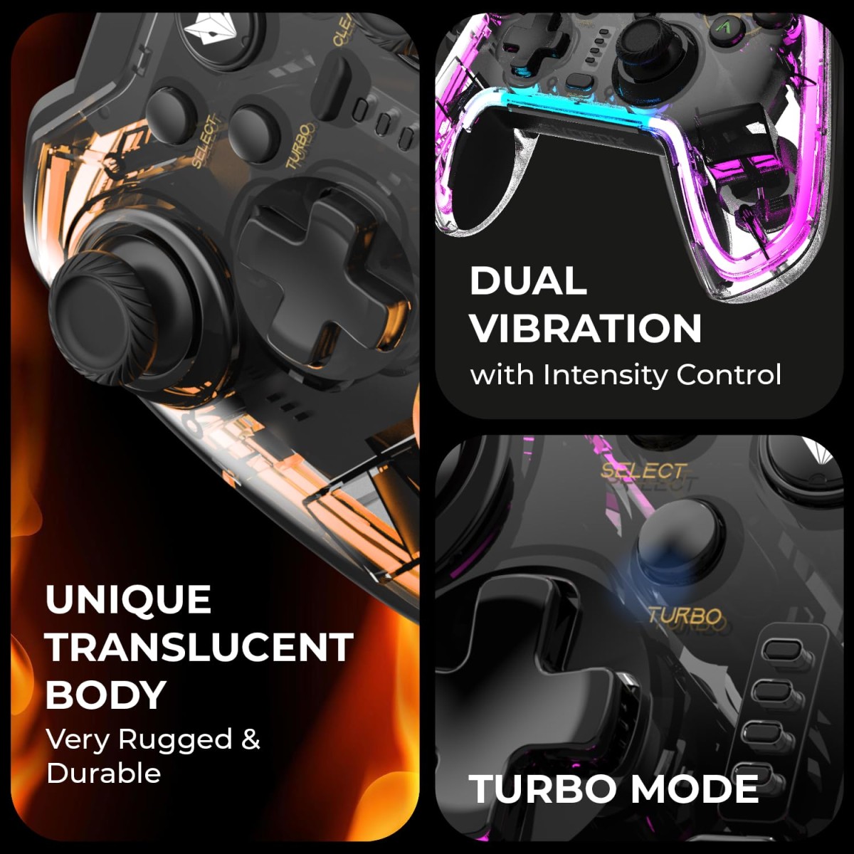 EvoFox Elite X RGB Wired Gaming Controller for PC with 2 Programmable Macro Back Buttons, Adjustable Dual Vibration Motors,Turbo Mode,Analog Triggers, High Precision joysticks,Low Latency Plug and Play,Translucent Shell Gamepad for pc