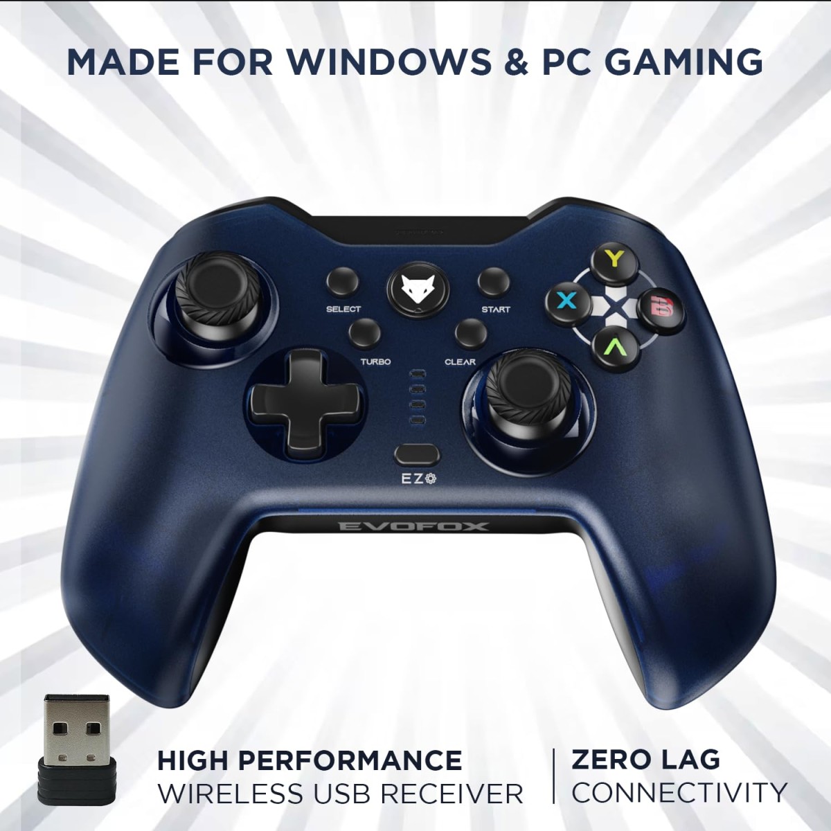 EvoFox Elite X Wireless Gamepad for PC, Macro Buttons, Adjustable Vibration, Turbo Mode, Analog Triggers, Low Latency, USB Extender, Blue Shell
