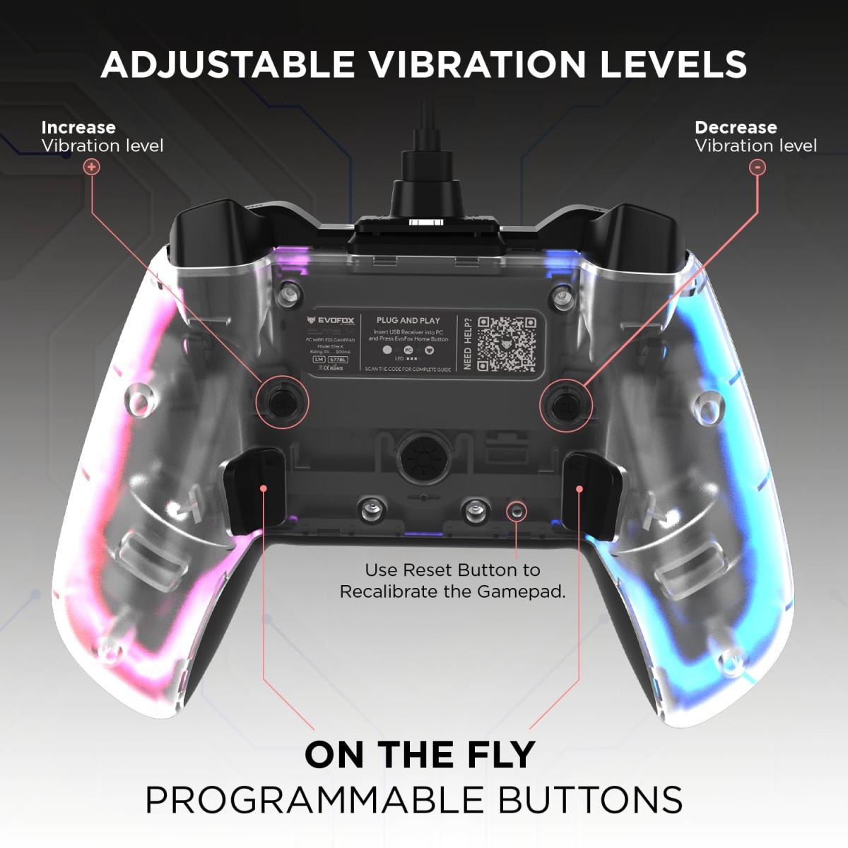 EvoFox Elite X Wireless Gamepad for PC, Macro Buttons, Adjustable Vibration, Turbo Mode, Analog Triggers, Low Latency, USB Extender, Blue Shell