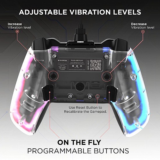 EvoFox Elite X Wireless Gamepad for PC with 2 Programmable Macro Back Buttons, Adjustable Dual Vibration Motors,Turbo Mode,Analog Triggers, High Precision joysticks,Low Latency Plug and Play,Free USB Extender,Translucent Shell Controller for pc (Blue)