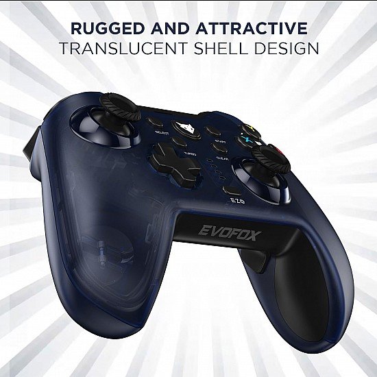 EvoFox Elite X Wireless Gamepad for PC with 2 Programmable Macro Back Buttons, Adjustable Dual Vibration Motors,Turbo Mode,Analog Triggers, High Precision joysticks,Low Latency Plug and Play,Free USB Extender,Translucent Shell Controller for pc (Blue)