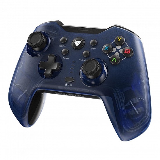 EvoFox Elite X Wireless Gamepad for PC with 2 Programmable Macro Back Buttons, Adjustable Dual Vibration Motors,Turbo Mode,Analog Triggers, High Precision joysticks,Low Latency Plug and Play,Free USB Extender,Translucent Shell Controller for pc (Blue)