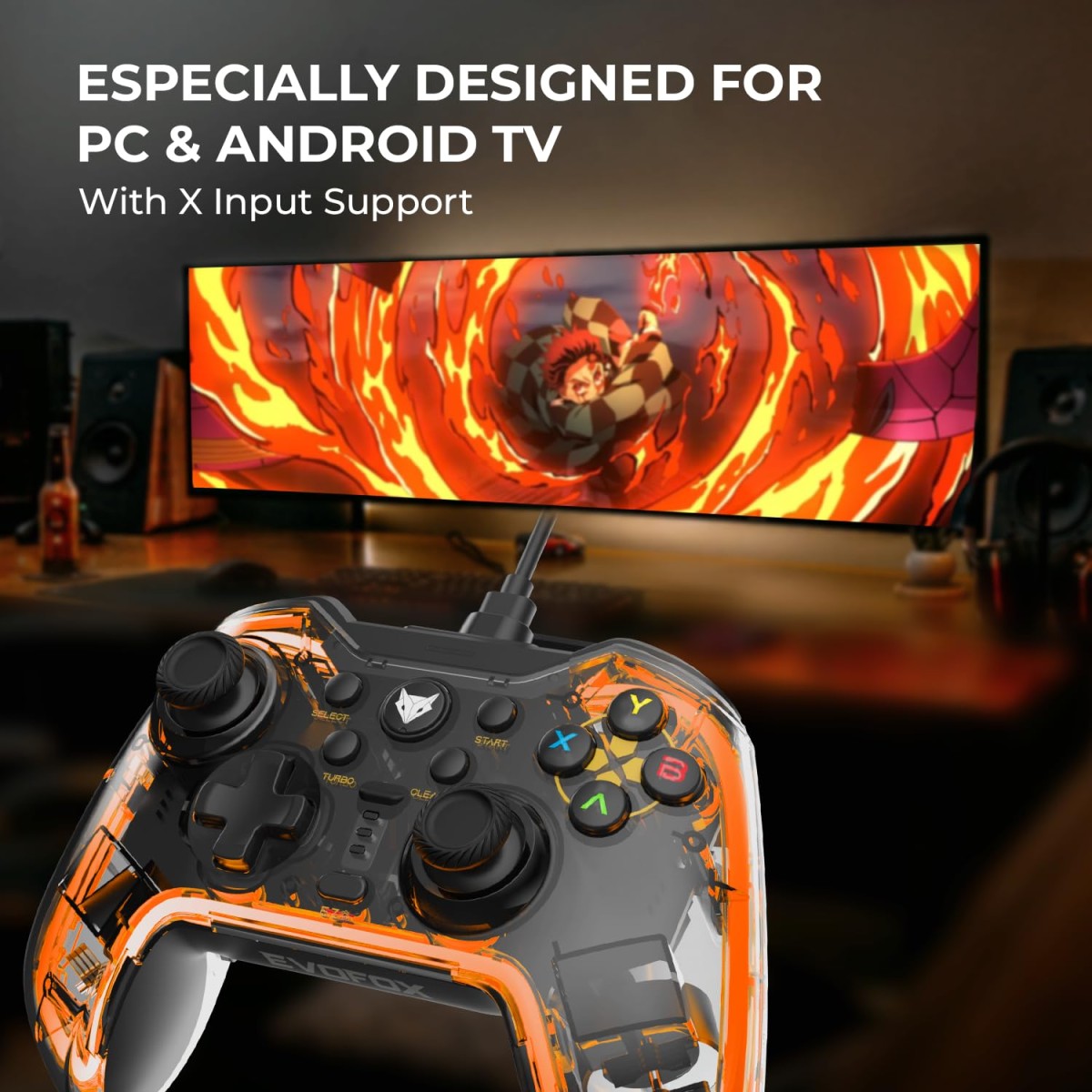 EvoFox Elite X Wireless Gamepad for PC, Macro Buttons, Adjustable Vibration, Turbo Mode, Analog Triggers, Low Latency, USB Extender, Blue Shell