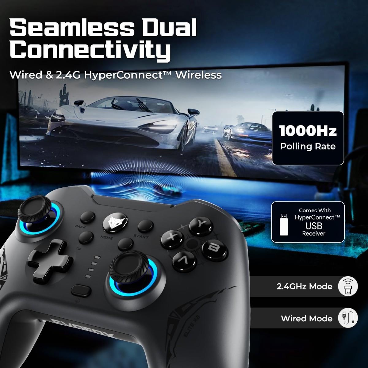 EvoFox Elite X2 Wireless Gaming Controller For PC with 1000Hz Polling Rate, Dual-Mode (2.4G & Type C), Hallsense™ Magnetic Hall 3D Joysticks & Triggers, EZ Click Macros, Dual Vibration Motors(Grey) EvoFox Elite X2 Wireless Gaming Controller For PC with 1000Hz Polling Rate, Dual-Mode (2.4G & Type C), Hallsense™ Magnetic Hall 3D Joysticks & Triggers, EZ Click Macros, Dual Vibration Motors(Grey)