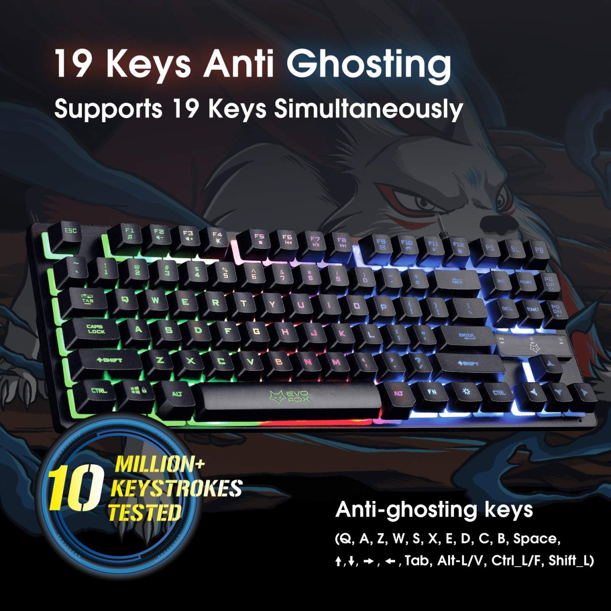 Evofox fireblade gaming wired keyboard with led backlit, 19 anti-ghosting keys and windows lock key tkl black