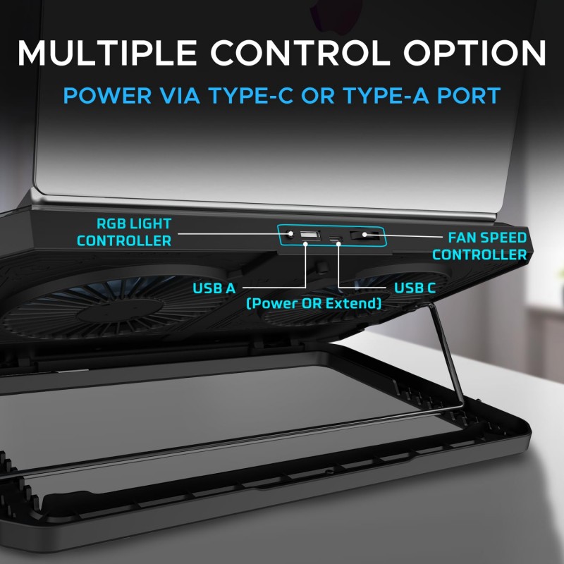 EvoFox Frost Laptop Cooling Pad with 125mm Silent Fans, 5 Adjustment Levels, Silicon Pads, Iron mesh and Blue LED Lights, 2 USB Ports, for Laptops up to 39.62 cm (15.6 inches) (Blue)