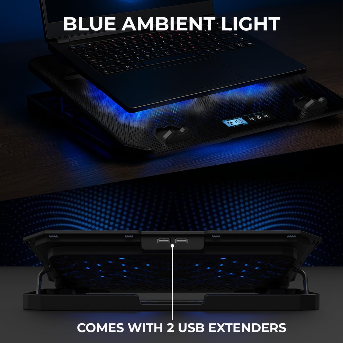 EvoFox Frost Plus Laptop Cooling Pad | Laptop Cooler Pad with Dual Fans, Blue LED Backlight, Iron Mesh Design, LCD Display, Adjustable Stand, Ultra-Quiet Dual USB Cooling Pad (Black) EvoFox Frost Plus Laptop Cooling Pad | Laptop Cooler Pad with Dual Fans, Blue LED Backlight, Iron Mesh Design, LCD Display, Adjustable Stand, Ultra-Quiet Dual USB Cooling Pad (Black)