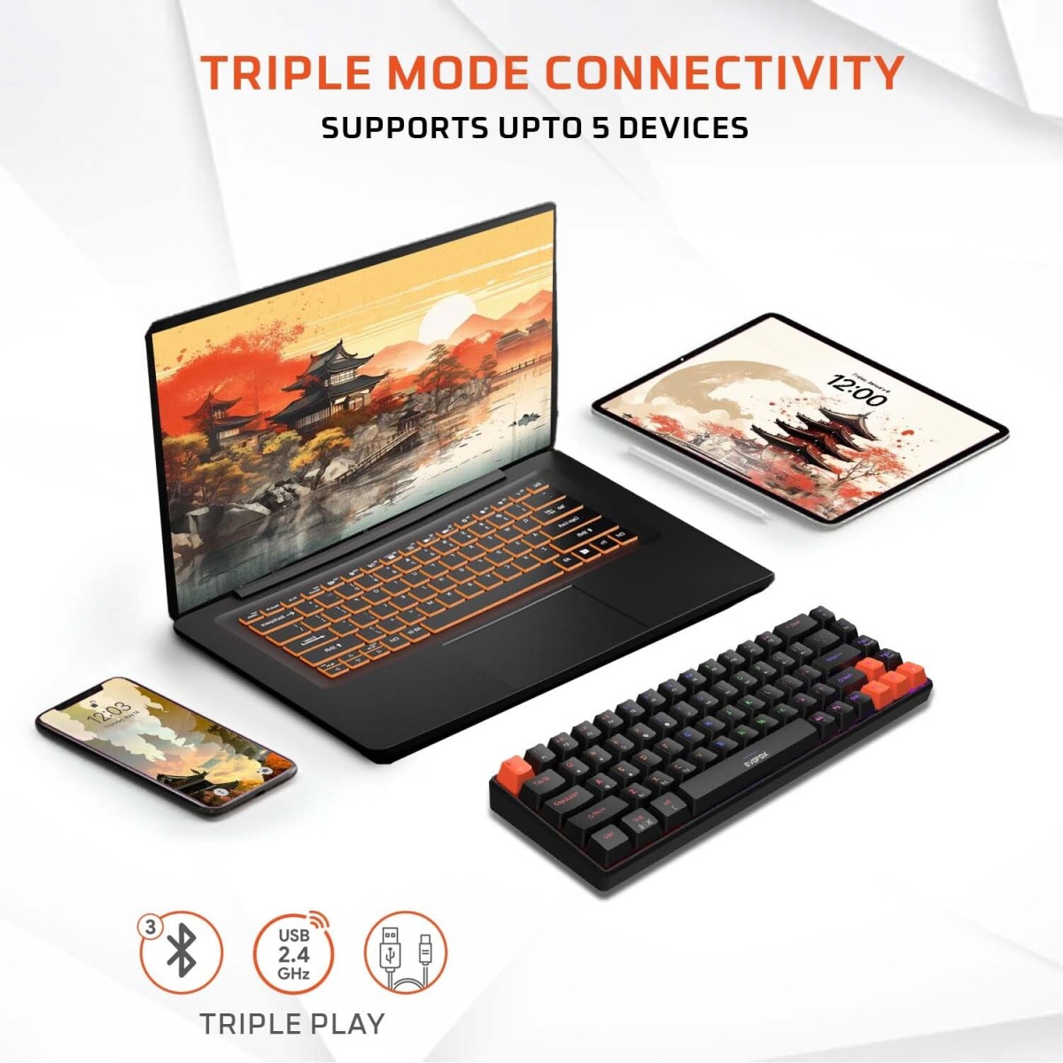 EvoFox Katana S Mini Wireless Mechanical Keyboard | Tri-Mode (3X BT, 2.4GHz & Wired) Connectivity | Hot-Swappable Red Switches | 68-Key Compact | Rainbow Backlight | Rechargeable Battery EvoFox Katana S Mini Wireless Mechanical Keyboard | Tri-Mode (3X BT, 2.4GHz & Wired) Connectivity | Hot-Swappable Red Switches | 68-Key Compact | Rainbow Backlight | Rechargeable Battery
