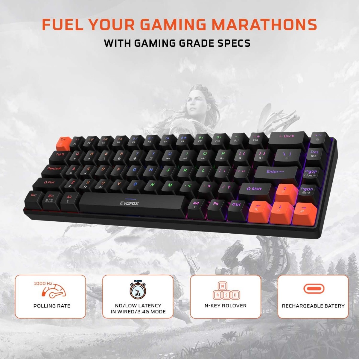 EvoFox Katana S Mini Wireless Mechanical Keyboard | Tri-Mode (3X BT, 2.4GHz & Wired) Connectivity | Hot-Swappable Red Switches | 68-Key Compact | Rainbow Backlight | Rechargeable Battery EvoFox Katana S Mini Wireless Mechanical Keyboard | Tri-Mode (3X BT, 2.4GHz & Wired) Connectivity | Hot-Swappable Red Switches | 68-Key Compact | Rainbow Backlight | Rechargeable Battery