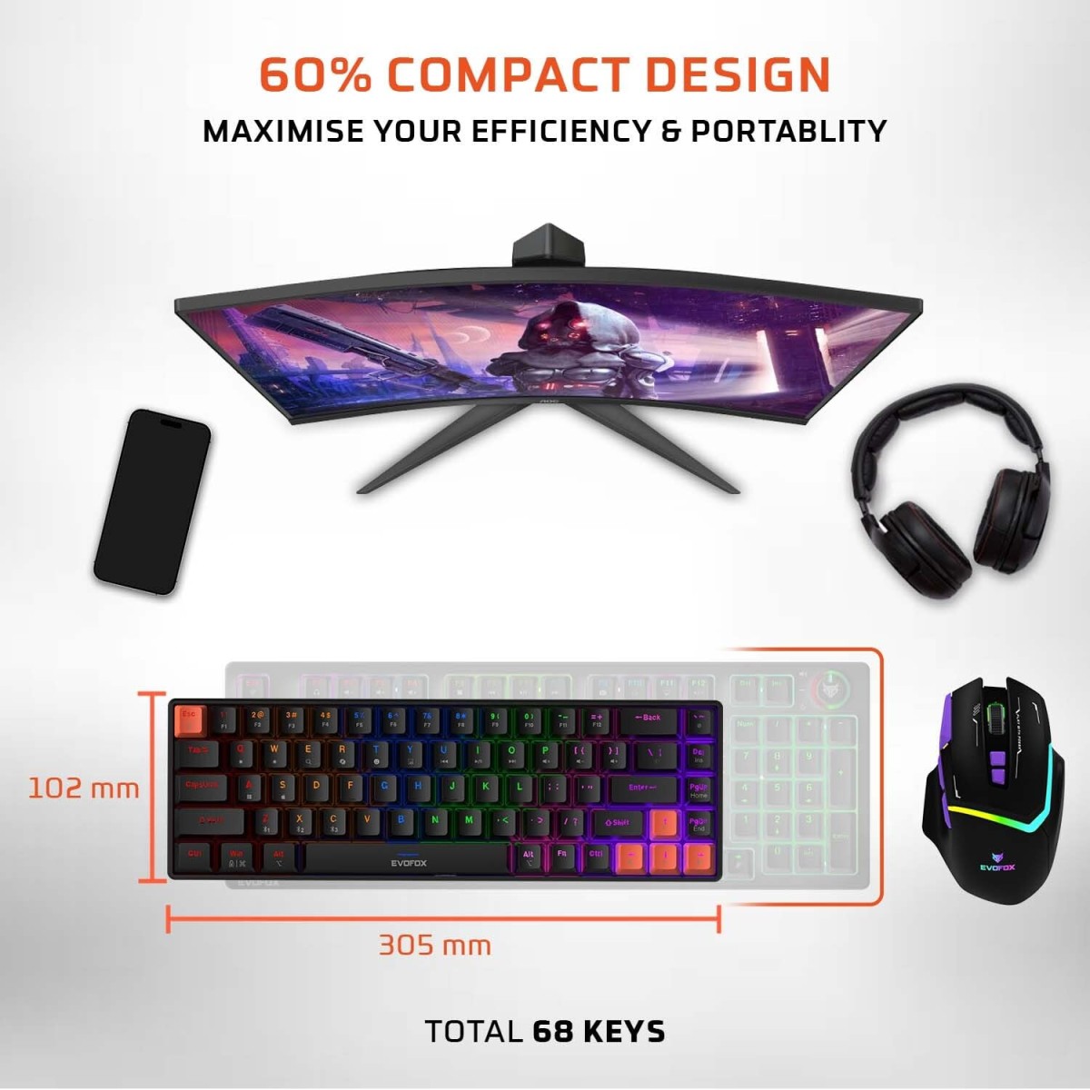 EvoFox Katana S Mini Wireless Mechanical Keyboard | Tri-Mode (3X BT, 2.4GHz & Wired) Connectivity | Hot-Swappable Red Switches | 68-Key Compact | Rainbow Backlight | Rechargeable Battery EvoFox Katana S Mini Wireless Mechanical Keyboard | Tri-Mode (3X BT, 2.4GHz & Wired) Connectivity | Hot-Swappable Red Switches | 68-Key Compact | Rainbow Backlight | Rechargeable Battery