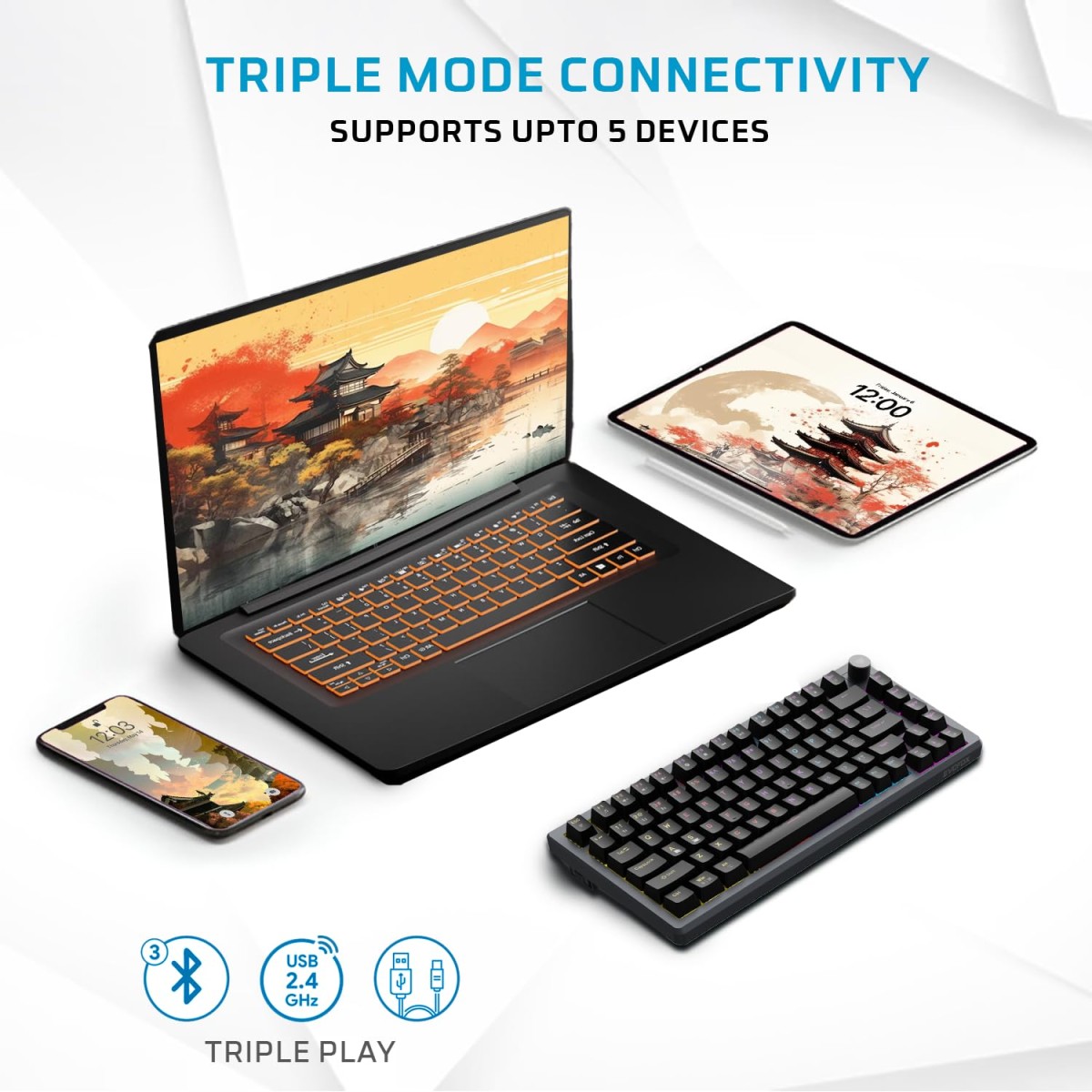 EvoFox Katana X2 TKL Wireless Mechanical Gaming Keyboard – Tri-Mode (BT/2.4G/Wired), Silent Red Switches, 1000Hz Polling Rate, Vivid and Dynamic Backlighting, 4000mAh Battery, Volume Knob (Black) EvoFox Katana X2 TKL Wireless Mechanical Gaming Keyboard – Tri-Mode (BT/2.4G/Wired), Silent Red Switches, 1000Hz Polling Rate, Vivid and Dynamic Backlighting, 4000mAh Battery, Volume Knob (Black)