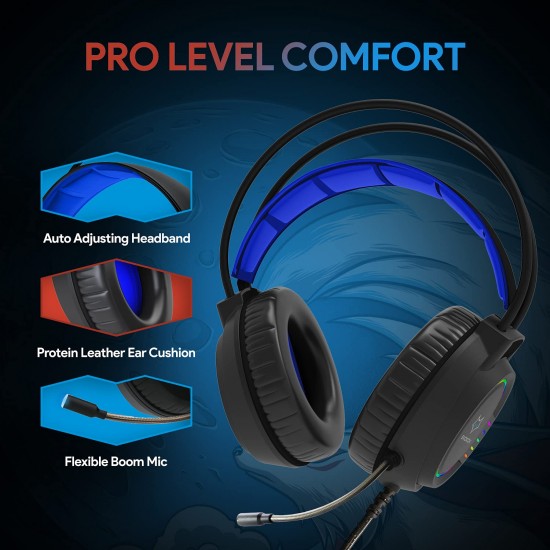 EvoFox Nebula RGB Gaming Headphones with Auto Adjusting Headband, Soft Leather Ear Cushions Cable (Blue Black)