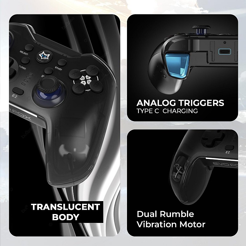 EvoFox One Universal Bluetooth Gamepad For PC, iOS, iPadOS, Android and PS4, Dynamic Rgb Lights, Transparent Design, Programable Buttons, Turbo Mode with The Dojo App, Detachable Mobile Clamp, and More