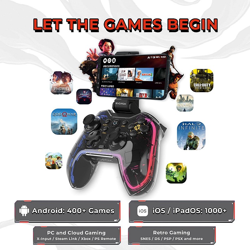 EvoFox One Universal Bluetooth Gamepad For PC, iOS, iPadOS, Android and PS4, Dynamic Rgb Lights, Transparent Design, Programable Buttons, Turbo Mode with The Dojo App, Detachable Mobile Clamp, and More