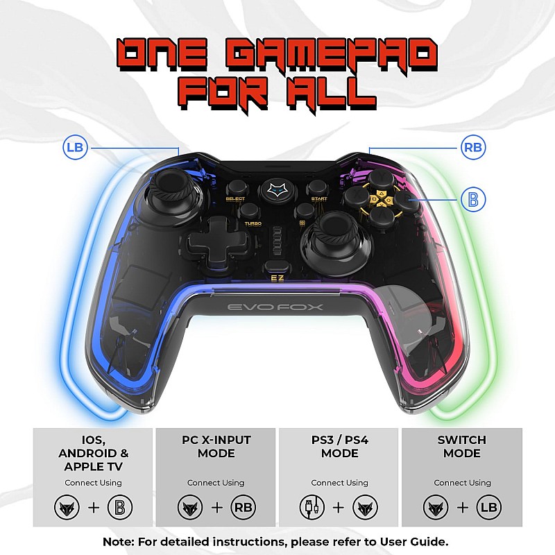 EvoFox One Universal Bluetooth Gamepad For PC, iOS, iPadOS, Android and PS4, Dynamic Rgb Lights, Transparent Design, Programable Buttons, Turbo Mode with The Dojo App, Detachable Mobile Clamp, and More