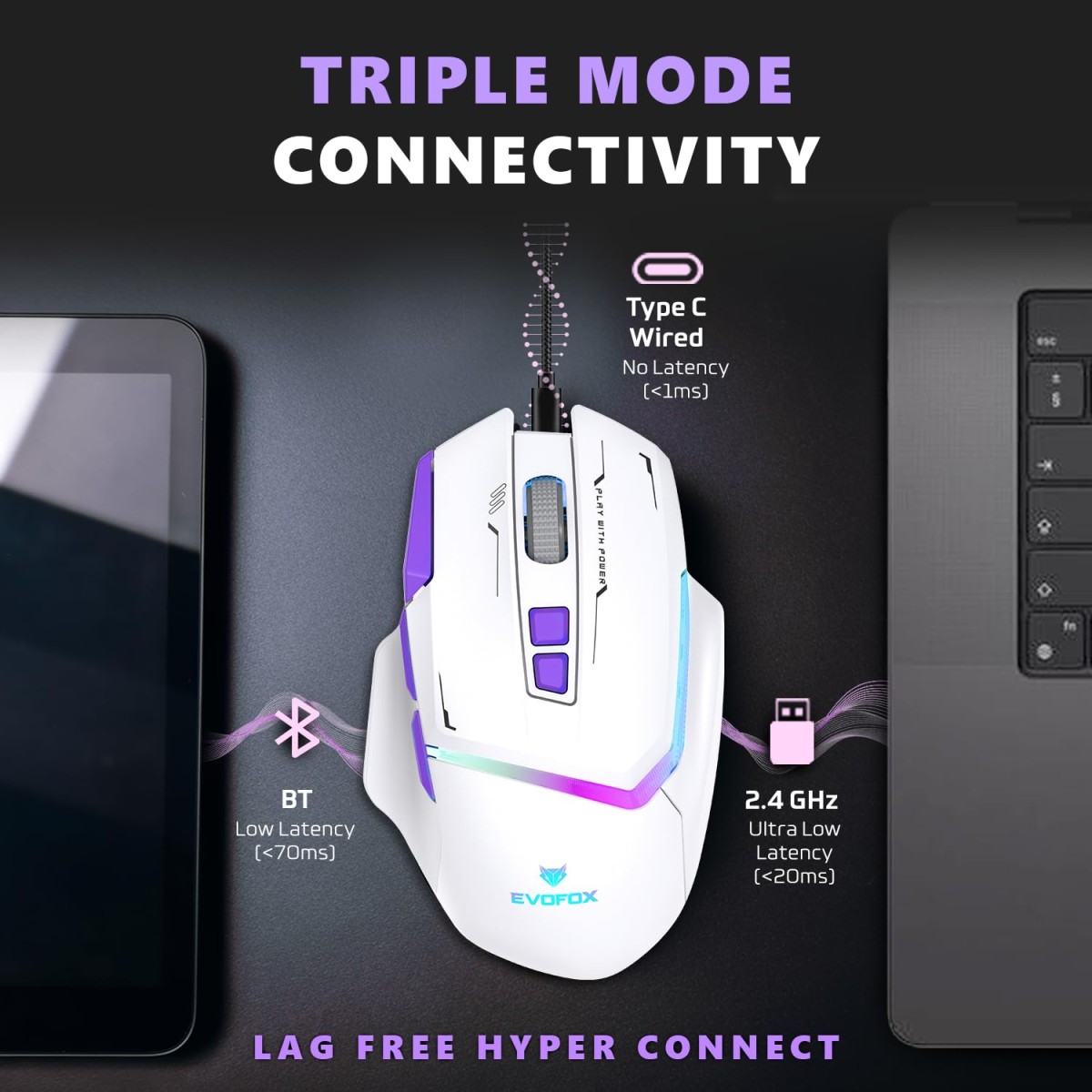 EvoFox Performance Series Banshee Rechargeable Wireless Gaming Mouse (2.4G+BT+Wired), Hyper Connect-Pixart3325 Sensor, Upto 1000Hz Polling Rate & 10000DPI,8 Programmable Buttons,Comprehensive Software EvoFox Performance Series Banshee Rechargeable Wireless Gaming Mouse (2.4G+BT+Wired), Hyper Connect-Pixart3325 Sensor, Upto 1000Hz Polling Rate & 10000DPI,8 Programmable Buttons,Comprehensive Software
