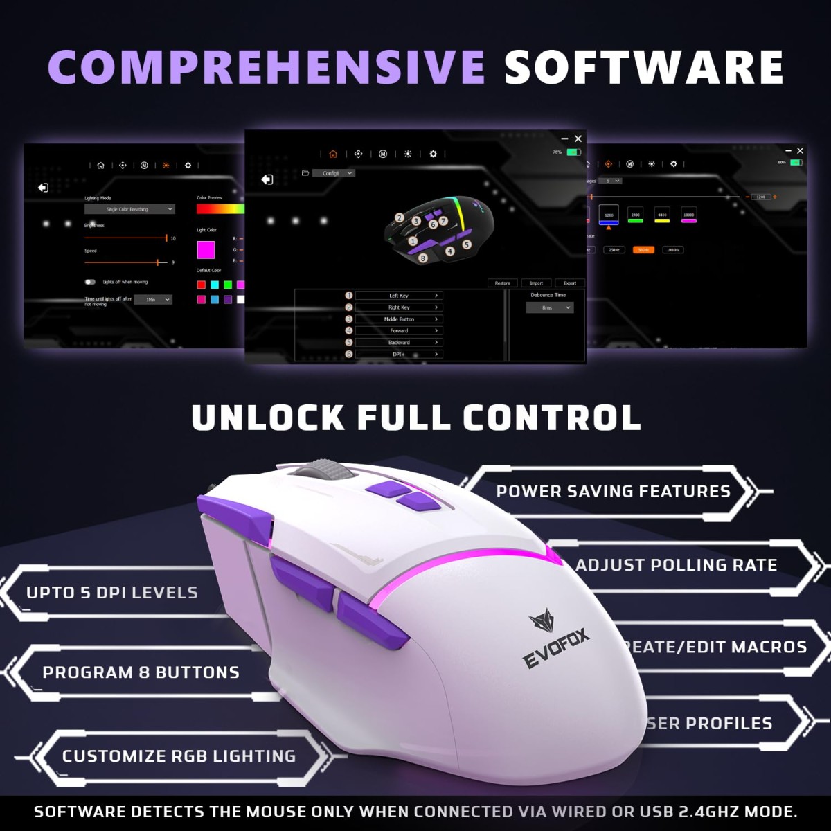 EvoFox Performance Series Banshee Rechargeable Wireless Gaming Mouse (2.4G+BT+Wired), Hyper Connect-Pixart3325 Sensor, Upto 1000Hz Polling Rate & 10000DPI,8 Programmable Buttons,Comprehensive Software EvoFox Performance Series Banshee Rechargeable Wireless Gaming Mouse (2.4G+BT+Wired), Hyper Connect-Pixart3325 Sensor, Upto 1000Hz Polling Rate & 10000DPI,8 Programmable Buttons,Comprehensive Software