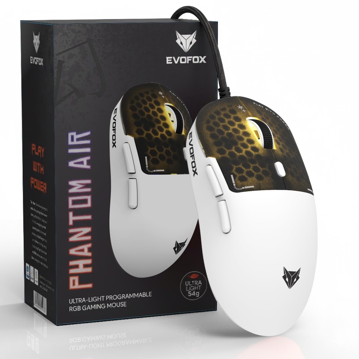 EvoFox Phantom Air Ultra Lightweight Gaming Mouse | Upto 1000Hz Polling Rate, 7000 FPS, 12800 DPI | Honeycomb RGB Lighting | Fully Programmable with Windows Software & On-Board Memory | White EvoFox Phantom Air Ultra Lightweight Gaming Mouse | Upto 1000Hz Polling Rate, 7000 FPS, 12800 DPI | Honeycomb RGB Lighting | Fully Programmable with Windows Software & On-Board Memory | White