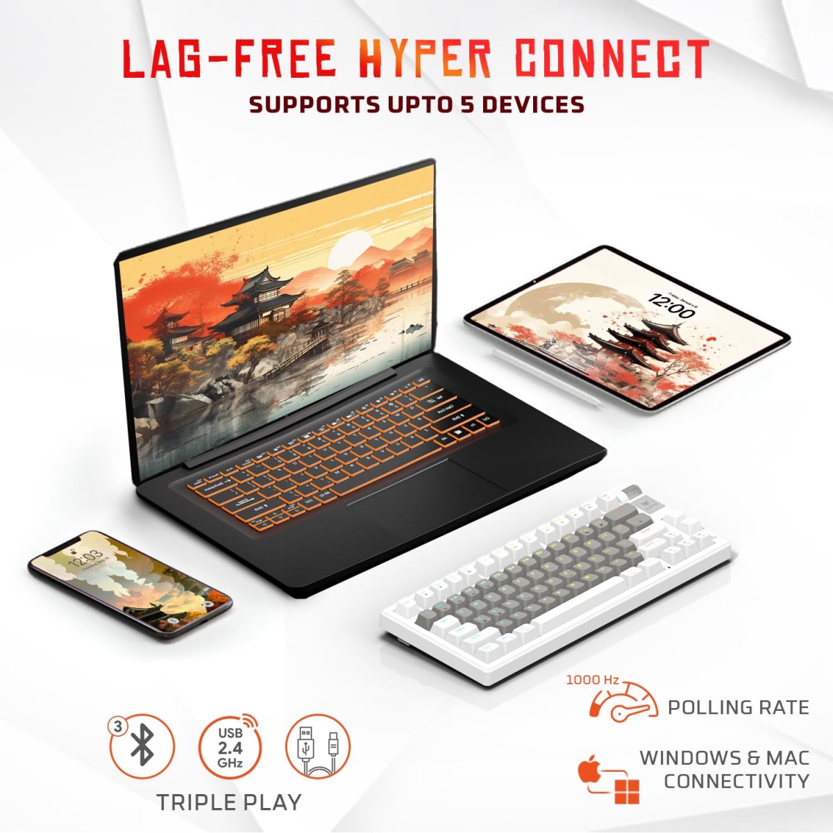 EvoFox Ronin Wireless Mechanical Keyboard (BT+2.4GHz+Wired) | 9 Layer Gasket Structure, Outemu Red Switches, Per-Key RGB, 1000Hz, nKey Rollover, Volume Controller | Windows Software (White) EvoFox Ronin Wireless Mechanical Keyboard (BT+2.4GHz+Wired) | 9 Layer Gasket Structure, Outemu Red Switches, Per-Key RGB, 1000Hz, nKey Rollover, Volume Controller | Windows Software (White)