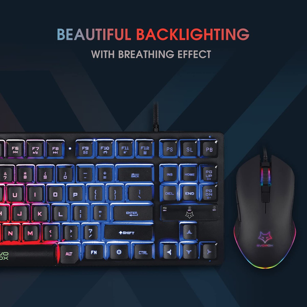 EvoFox X-Team Fireblade TKL Gaming Keyboard Combo with Breathing LED Effects 6 Button Spirit Mouse