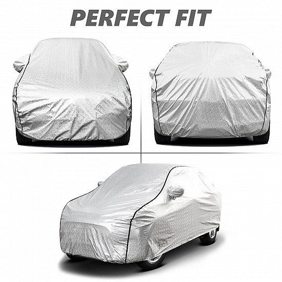 FABTEC Waterproof Car Body Cover for Tata Punch with Mirror Pocket, Soft Cotton Lining, Triple Stitched (Heat Resistant Metallic Silver with Black Piping)