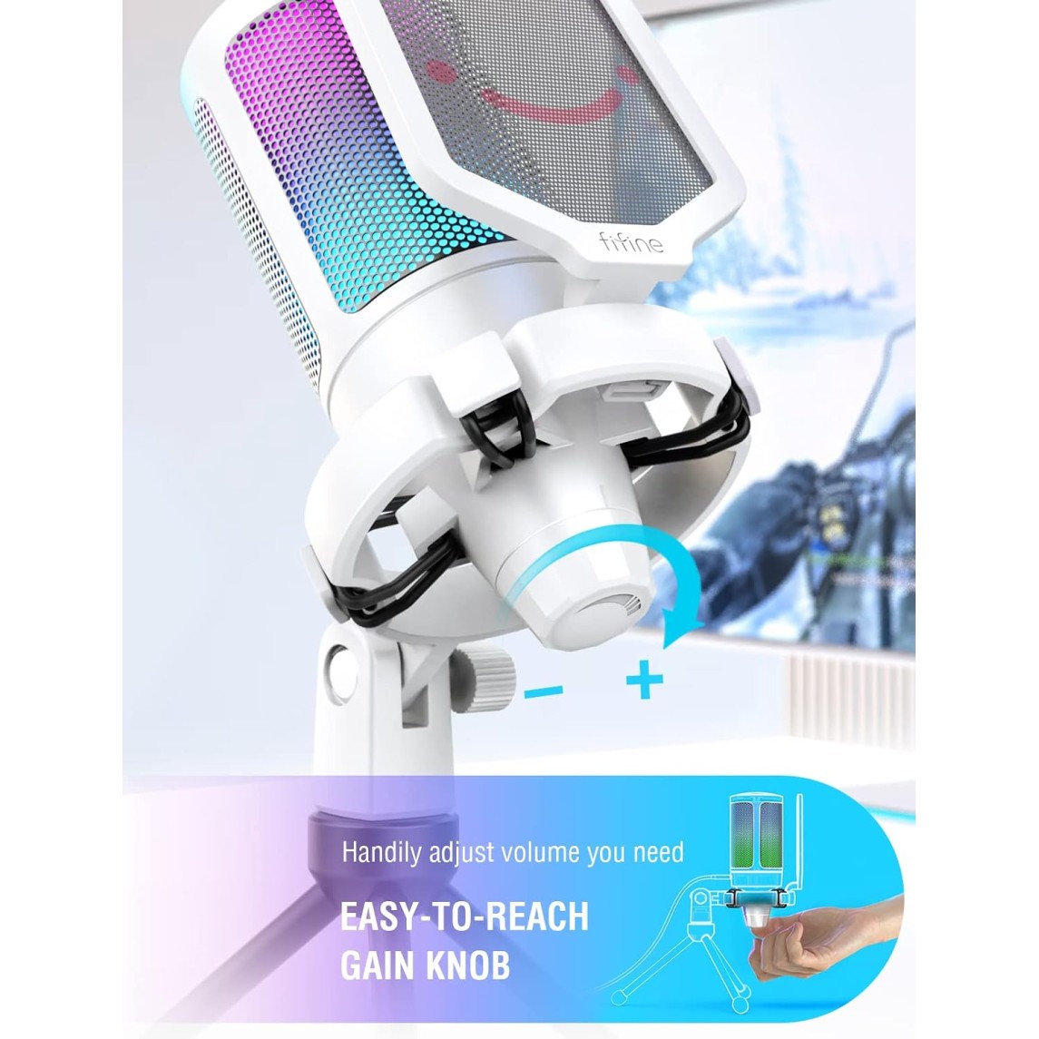 FIFINE AmpliGame A6V USB Microphone, PC Gaming Recording Desktop Laptop Mic, RGB Streaming Podcasting Condenser Mic for Online Game, Vocal, with Mute Button, Gain Knob, Tripod Stand- White FIFINE AmpliGame A6V USB Microphone, PC Gaming Recording Desktop Laptop Mic, RGB Streaming Podcasting Condenser Mic for Online Game, Vocal, with Mute Button, Gain Knob, Tripod Stand- White