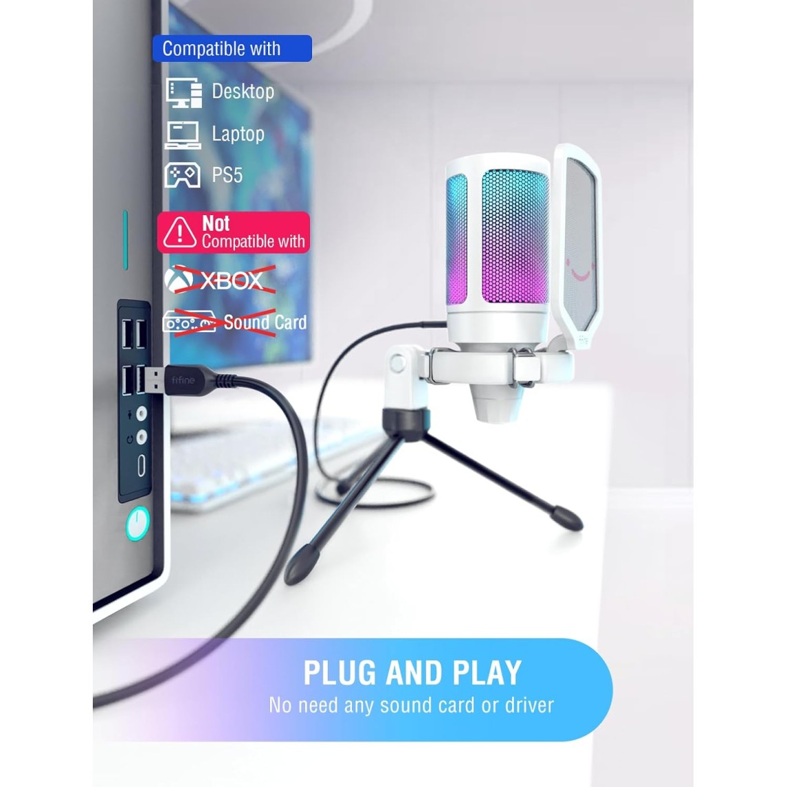 FIFINE AmpliGame A6V USB Microphone, PC Gaming Recording Desktop Laptop Mic, RGB Streaming Podcasting Condenser Mic for Online Game, Vocal, with Mute Button, Gain Knob, Tripod Stand- White FIFINE AmpliGame A6V USB Microphone, PC Gaming Recording Desktop Laptop Mic, RGB Streaming Podcasting Condenser Mic for Online Game, Vocal, with Mute Button, Gain Knob, Tripod Stand- White