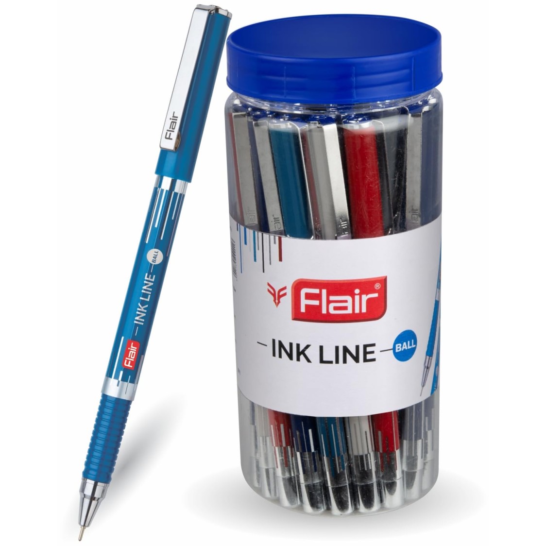 FLAIR Ink Line Ball Pen Jar Pack | Stainless Steel Tip | Our Longest Writing Pens | Ensures Smoothness & Durability | Blue Ink, Set Of 25 Pens