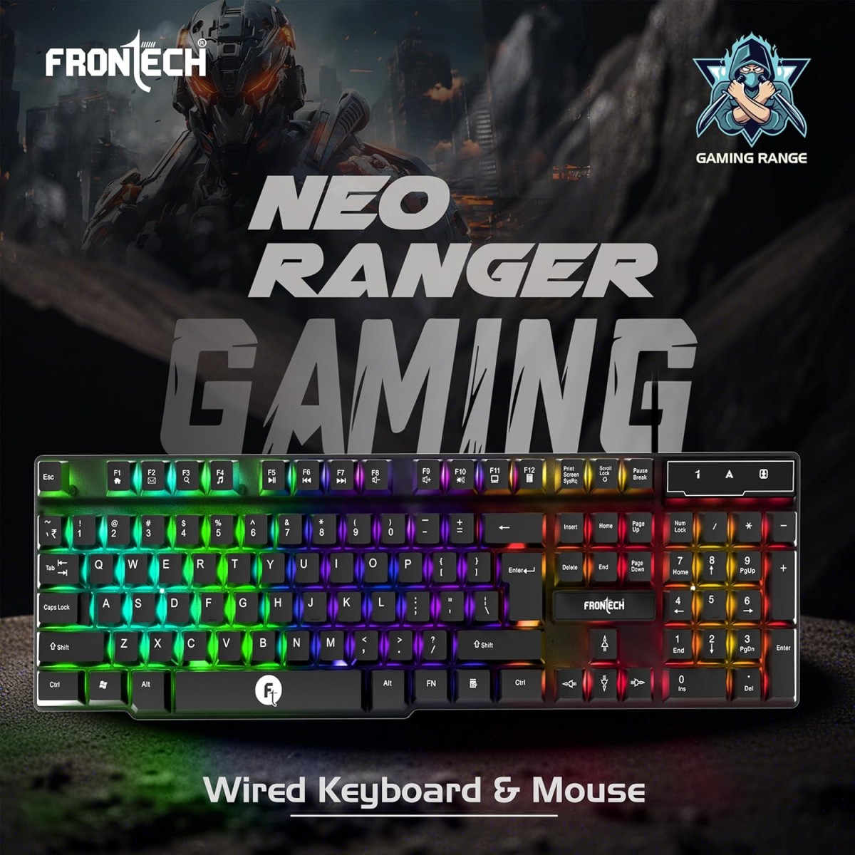 FRONTECH Wired Gaming Combo Keyboard and Optical Mouse with RGB Backlight Effects| 104 Membrane Keys | USB Plug & Play | Ergonomic & Comfortable Design (KB-0040, Black)