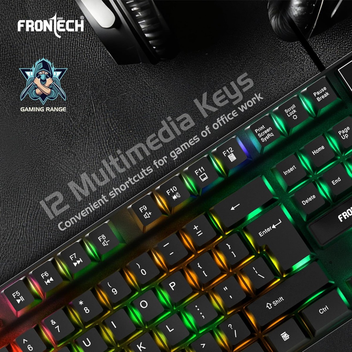 FRONTECH Wired Gaming Combo Keyboard and Optical Mouse with RGB Backlight Effects| 104 Membrane Keys | USB Plug & Play | Ergonomic & Comfortable Design (KB-0040, Black)