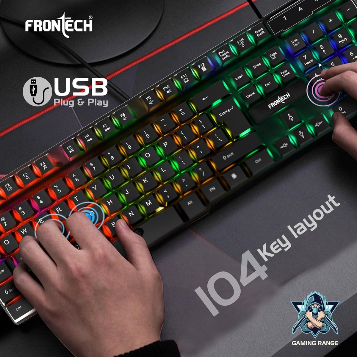 FRONTECH Wired Gaming Combo Keyboard and Optical Mouse with RGB Backlight Effects| 104 Membrane Keys | USB Plug & Play | Ergonomic & Comfortable Design (KB-0040, Black)