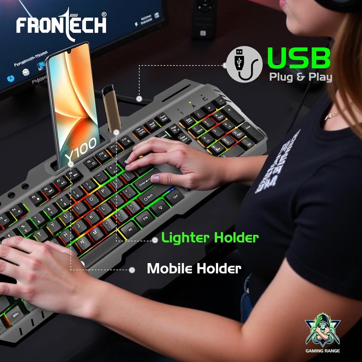 FRONTECH Wired Gaming Keyboard with 104 Keys | Rainbow Backlight Effect | Membrane Keys with 1.5M Braided Cable | USB Plug & Play | Ergonomic Design (KB-0049, Grey & Black) FRONTECH Wired Gaming Keyboard with 104 Keys | Rainbow Backlight Effect | Membrane Keys with 1.5M Braided Cable | USB Plug & Play | Ergonomic Design (KB-0049, Grey & Black)