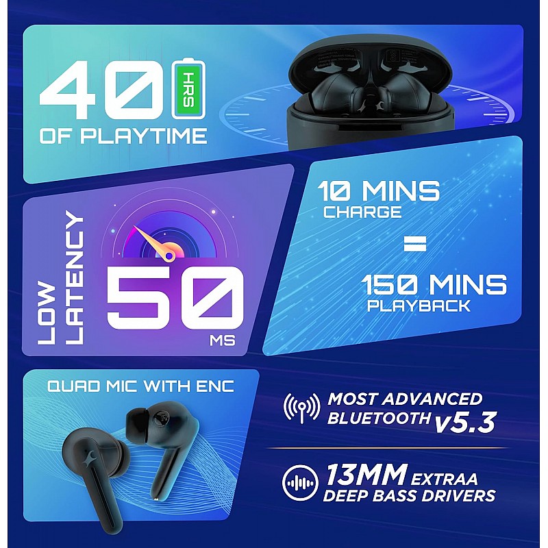 Fastrack Fpods(New Launch) FX100 Bluetooth TWS In-Ear Earbuds with 40 Hrs Playtime|BT V5.3|13mm Extra Deep Bass Drivers|Quad Mic ENC for Clear Calls|Ultra Low 50ms Latency Gaming Mode|NitroFast Charge