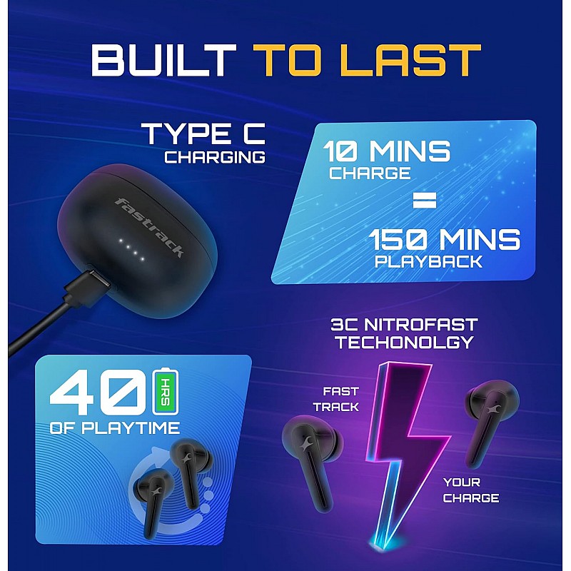 Fastrack Fpods(New Launch) FX100 Bluetooth TWS In-Ear Earbuds with 40 Hrs Playtime|BT V5.3|13mm Extra Deep Bass Drivers|Quad Mic ENC for Clear Calls|Ultra Low 50ms Latency Gaming Mode|NitroFast Charge