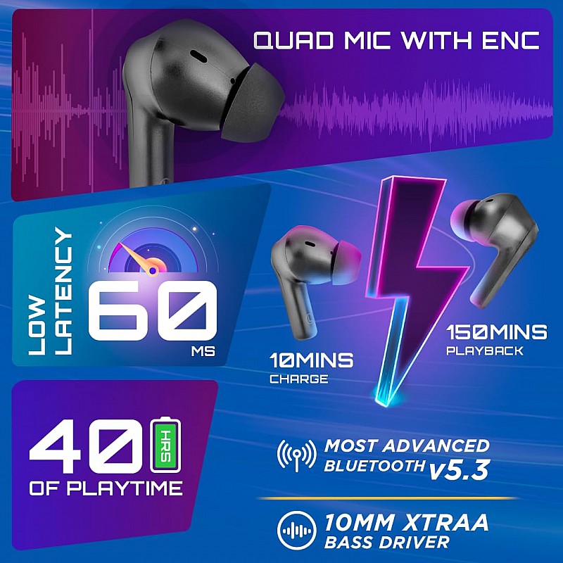 Fastrack Fpods(New Launch) FX100 Bluetooth TWS In-Ear Earbuds with 40 Hrs Playtime|BT V5.3|13mm Extra Deep Bass Drivers|Quad Mic ENC for Clear Calls|Ultra Low 50ms Latency Gaming Mode|NitroFast Charge