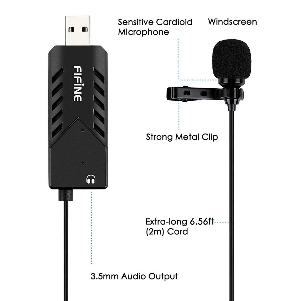 Fifine K053 USB Lavalier Cardioid Condenser Microphone with Clip-on and Sound Card for PC and MAC