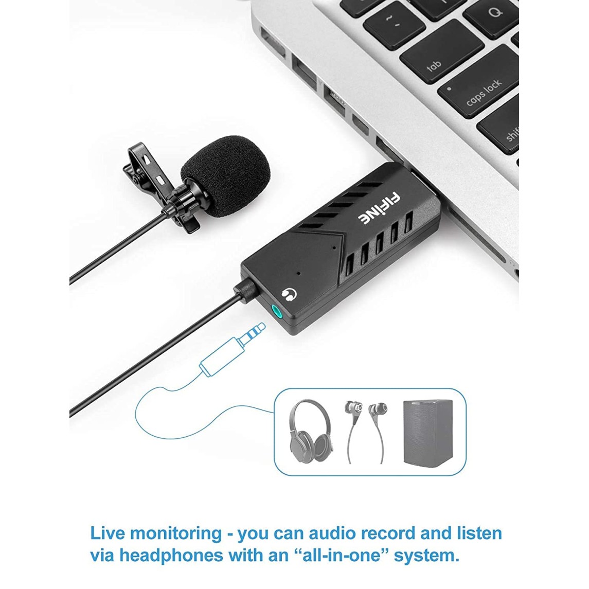 Fifine K053 USB Lavalier Cardioid Condenser Microphone with Clip-on and Sound Card for PC and MAC