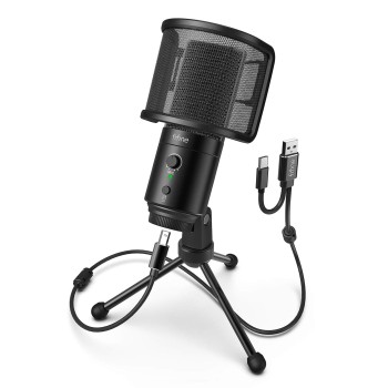 Fifine K683A USB Desktop PC Microphone with Pop Filter for Computer and Mac, Studio Condenser Mic with Gain Control, Mute Button, Headphone Jack & Extra USB-C Plug