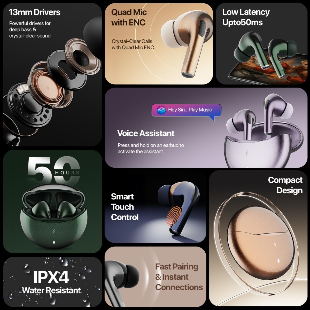 Fire-Boltt Aero TWS Earbuds Custom EQ, Wireless Bluetooth 5.4, Music & App Support, 50H Playtime, Fast Charging Black