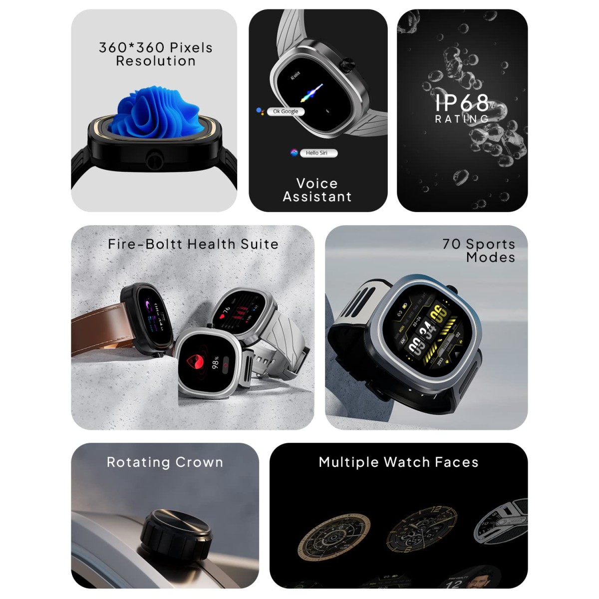 Fire-Boltt Collide 1.32" Display Smartwatch, Bluetooth Calling with Body Shielding Metal Paint, Single BT Connection, BT 2.0 Ultra Low Power Consumption, SpO2 (Silver Black)
