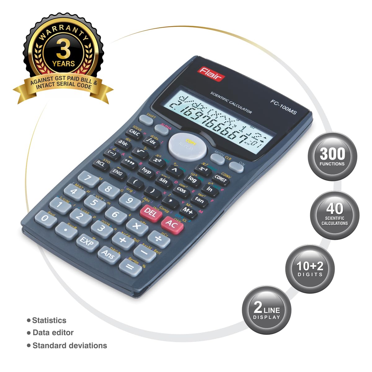 Flair FC-100MS Desktop Series Scientific Calculator | 300 Functions with 40 Scientific Calculations | Two Line Display | 10 + 2 Digits Calculator | for Student & Financial Work | Black, Pack of 1