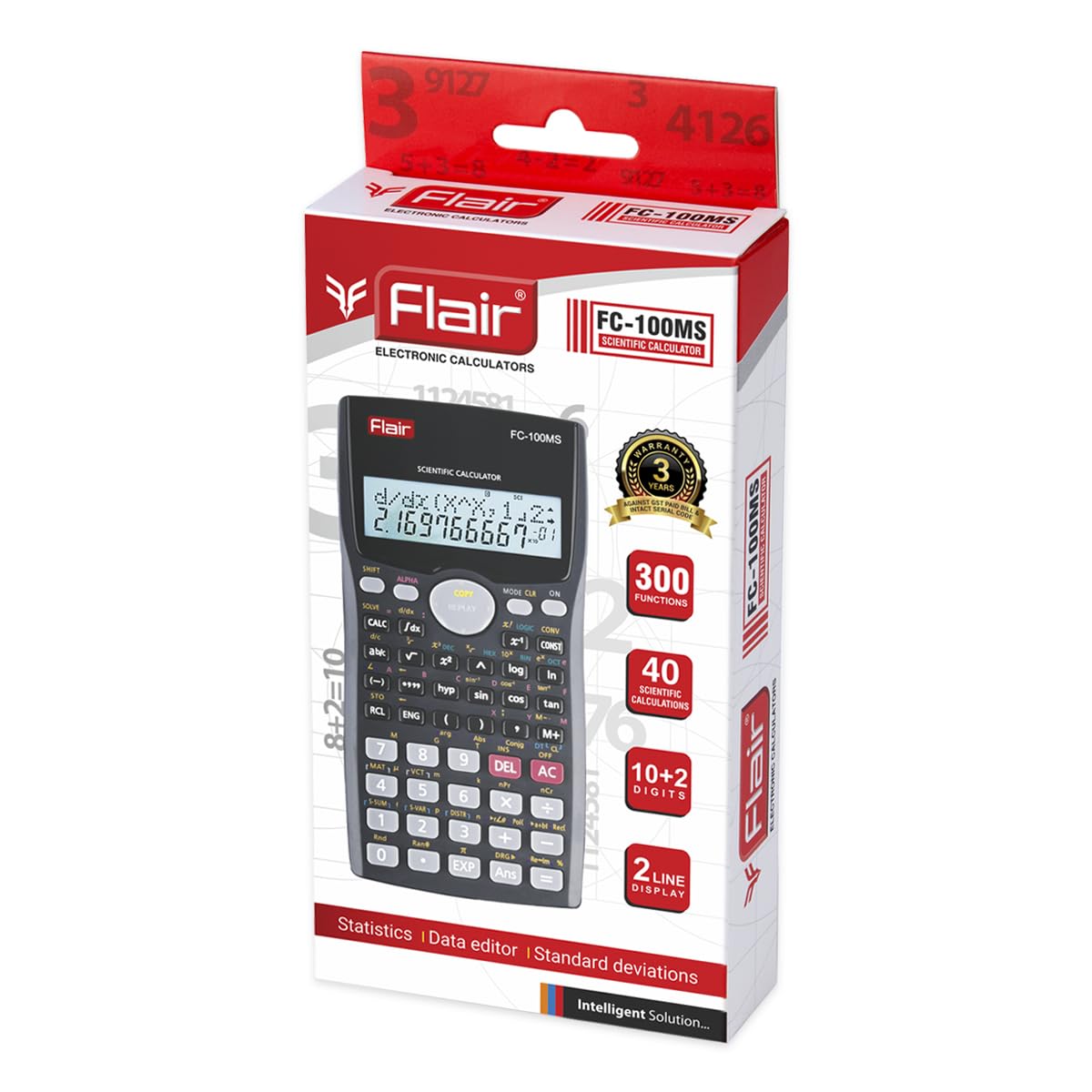 Flair FC-100MS Desktop Series Scientific Calculator | 300 Functions with 40 Scientific Calculations | Two Line Display | 10 + 2 Digits Calculator | for Student & Financial Work | Black, Pack of 1